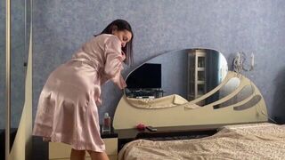 MILF stepmom in sexy silk dressing gown jumps on dick and gets a lot of cumshot - porn video