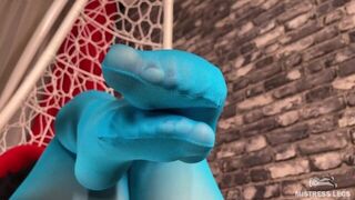 Mistress foot teasing you in hanging chair in white dirty socks and blue tights - porn video